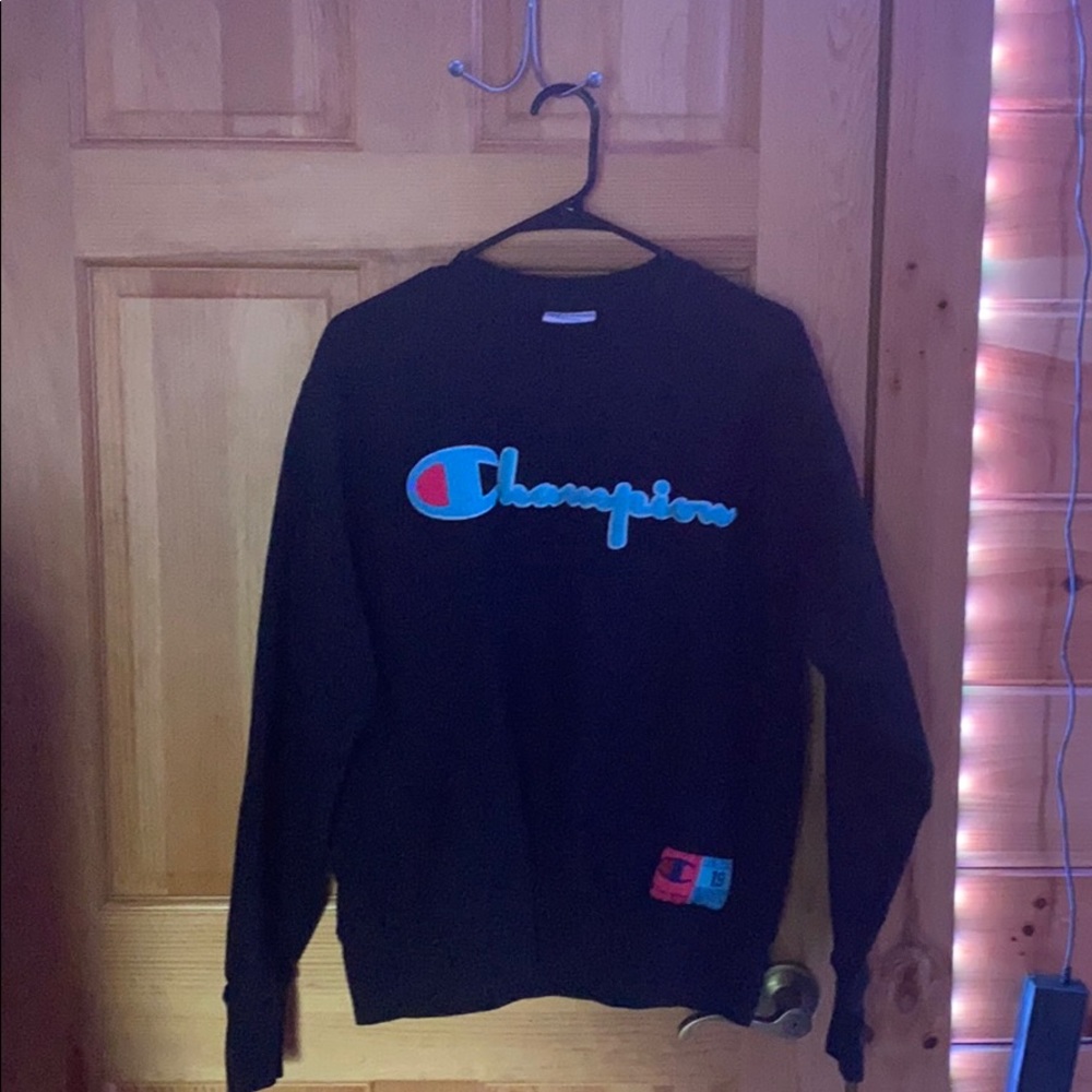 Black Champion, Reverse Weave Crew, Chenille Logo
